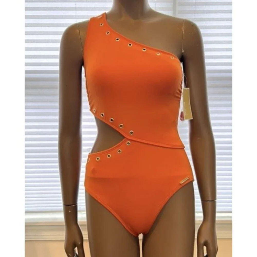 NEW Michael Kors Swimsuit Women Sz 8 Monokini grommet One Shoulder Orange $118